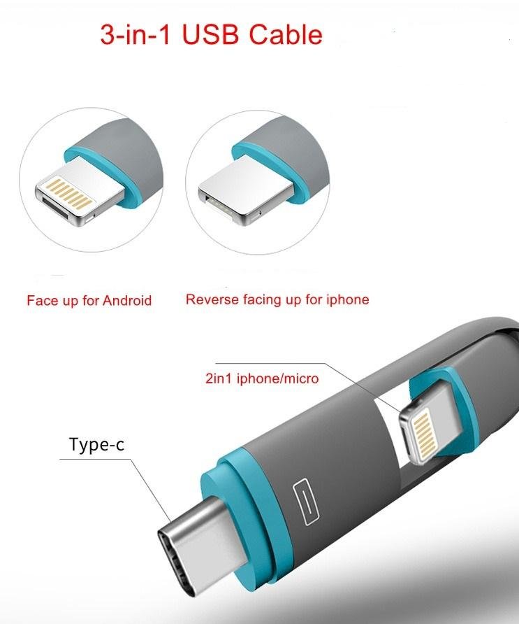 3-in-1 Retractable USB Cables( Type-C +2in1 lighting+ Micro USB) 2A Fast Charge 2