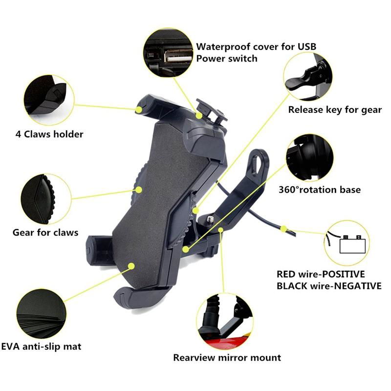 Universal Motorcycle Phone Mount With 5V 2A USB Charger for smartphones 4