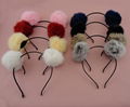 Black Satin Wrapped Metal hair headbands with 8.0cm Real Rabbit Fur Pompoms Ball 2