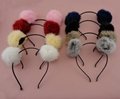 Black Satin Wrapped Metal hair headbands with 8.0cm Real Rabbit Fur Pompoms Ball
