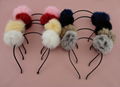 Black Satin Wrapped Metal hair headbands with 8.0cm Real Rabbit Fur Pompoms Ball