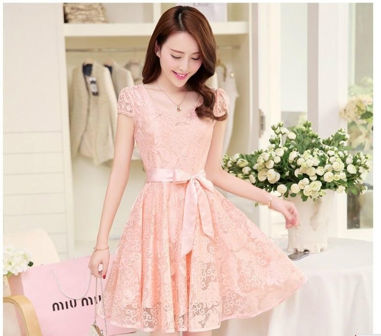 夏装新款韩版女装修身气质淑女蕾丝雪纺公主裙子中长款连衣裙