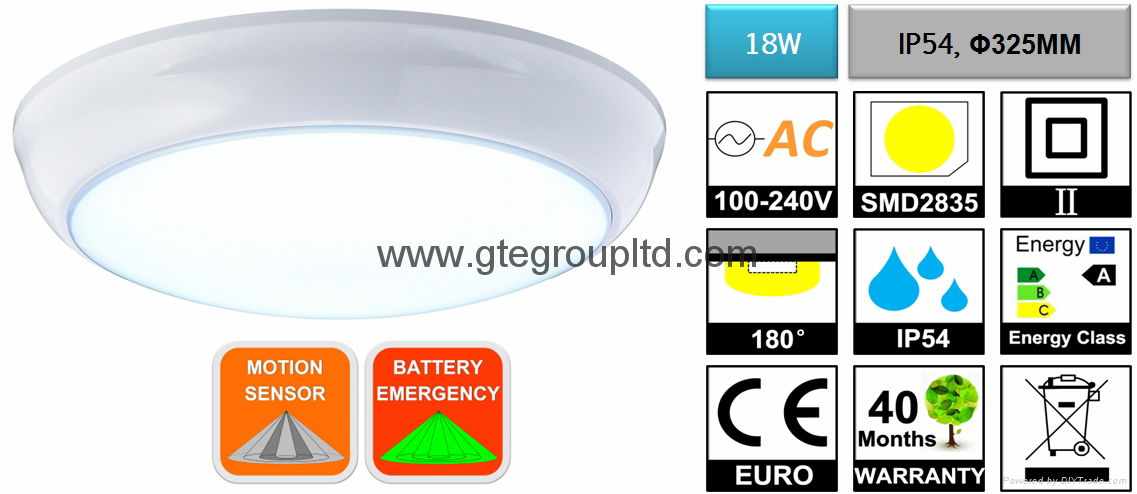  [IP54] 18W Bulkhead Light  [D325MM]  [Sensor/Emergency]