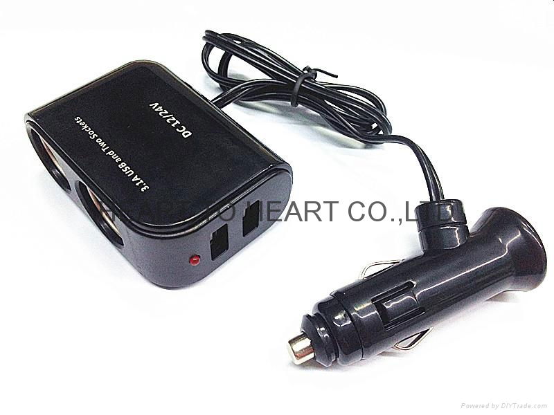 DC 12V/24V 2 Socket 1 USB Port Adapter Splitter Car Cigarette Lighter Charger