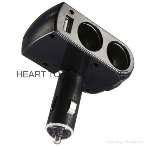 DC 12V/24V 2 Socket 1 USB Port Adapter Splitter Car Cigarette Lighter Charger