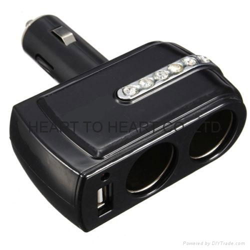 DC 12V/24V 2 Socket 1 USB Port Adapter Splitter Car Cigarette Lighter Charger 5