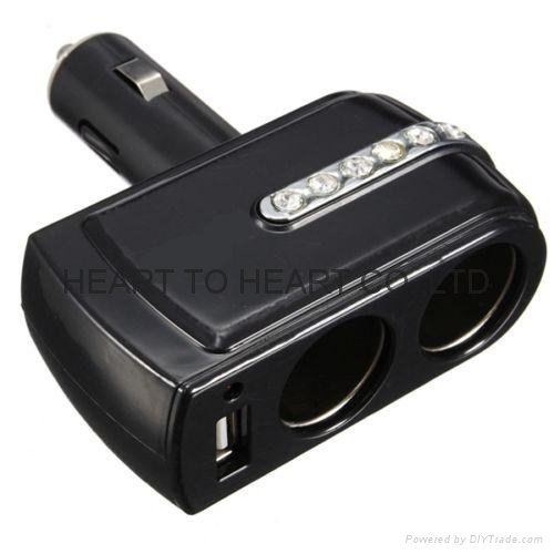 DC 12V/24V 2 Socket 1 USB Port Adapter Splitter Car Cigarette Lighter Charger 2