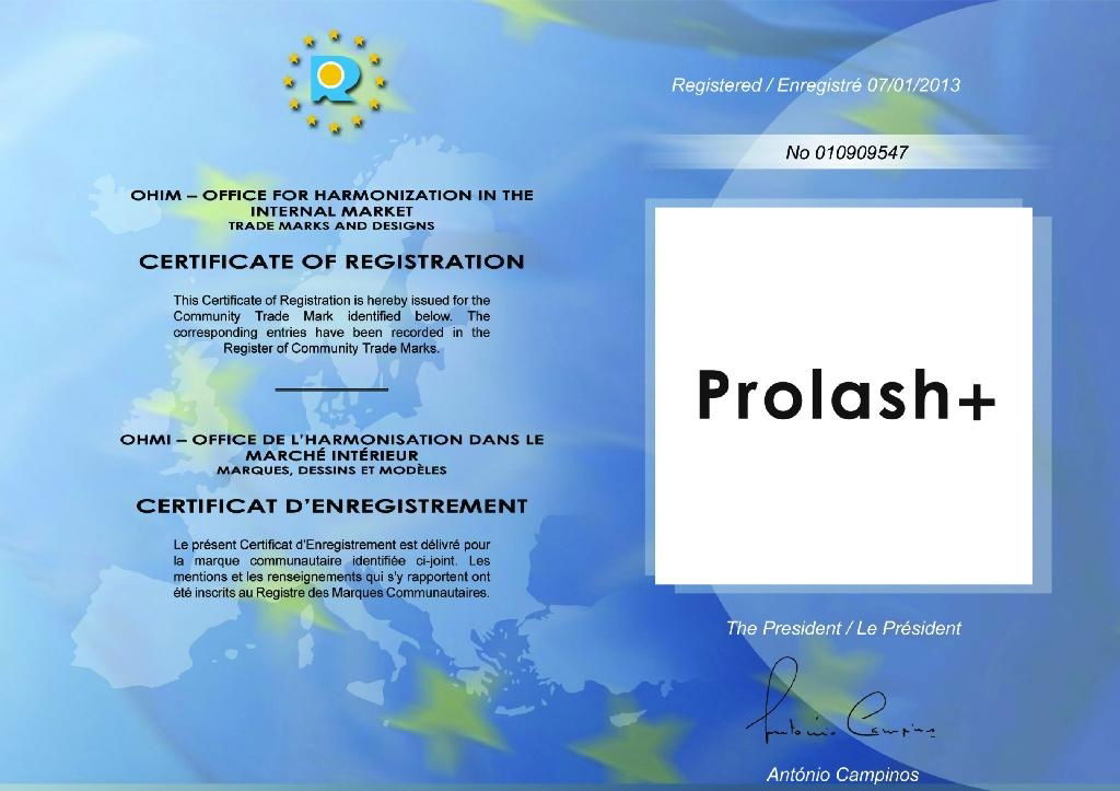 Prolash+ eu trademark certificate