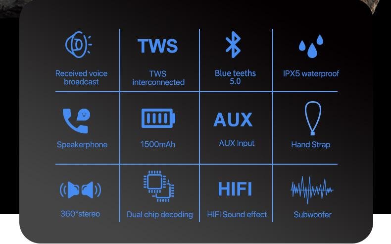 Music blueteeth speaker Waterproof Portable Wireless Speaker with AUX in, SD Car 5