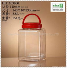 3.8L/3800ml PET 塑膠食品罐子/方形塑料大罐子