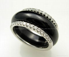18K White Gold  Diamond with Black Jade Ring