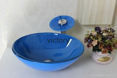 Contemporary Tempered Glass Vessel Sink With Hot And Cold Faucet Set