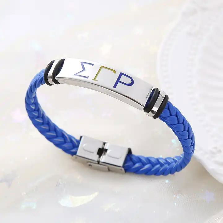 Stainless steel greek woven leather bar delta women bracelet clasp sorority 2