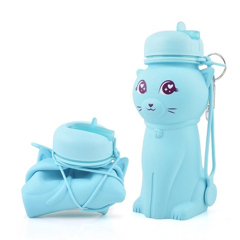 Collapsible Pink Cat Design Removable Carrying Handle Silicone Water Bottle 2