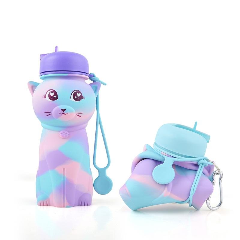 Collapsible Pink Cat Design Removable Carrying Handle Silicone Water Bottle 3