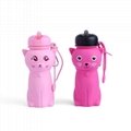 Collapsible Pink Cat Design Removable Carrying Handle Silicone Water Bottle