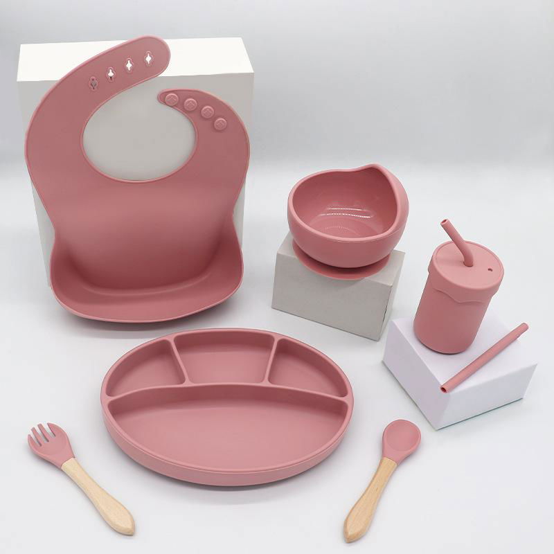 Silicone Baby Feeding Set Suction Baby Plate Bowl Set with Bib Spoon Fork Sippy  3