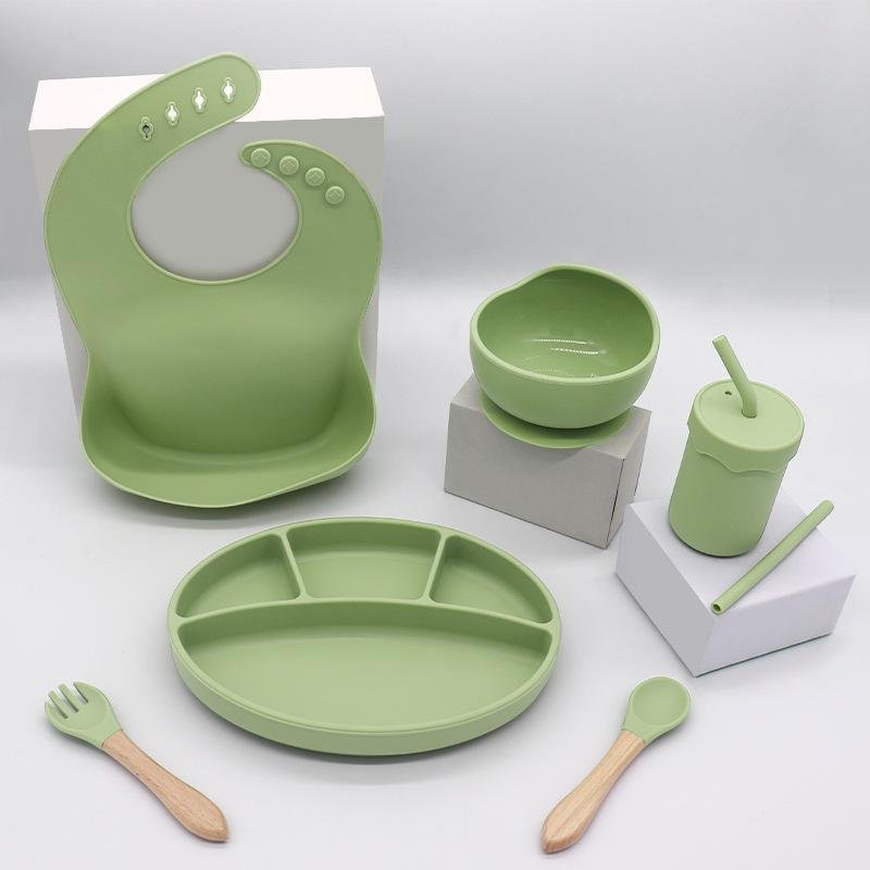 Silicone Baby Feeding Set Suction Baby Plate Bowl Set with Bib Spoon Fork Sippy  5