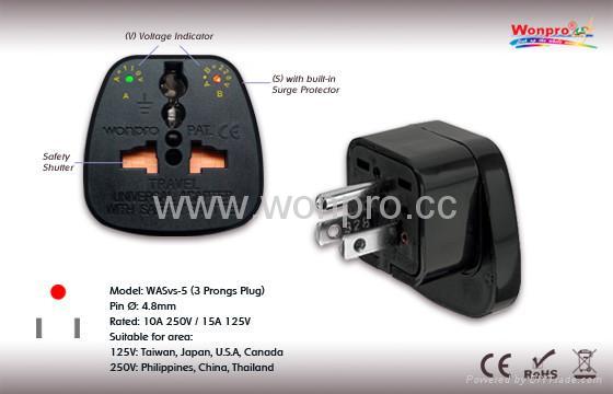 美式萬用安全轉換器附雙電壓指示燈與突波保護器(WASvs-5.BK )