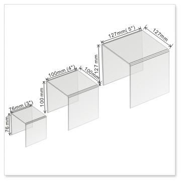 Acrylic Risers  Proudly and securely display collectibles, miniatures, models, dolls, awards and trophies with our Rectangular Acrylic Risers. They elevate your favorite treasures to keep them completely visible.