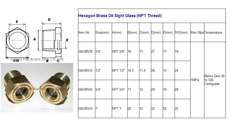 NPT brass oil level sights specifications