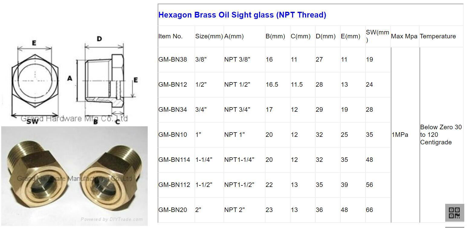 GrandMfg® G1" and M33 hexagon brass oil level sight glass BSP & Metric thread 2