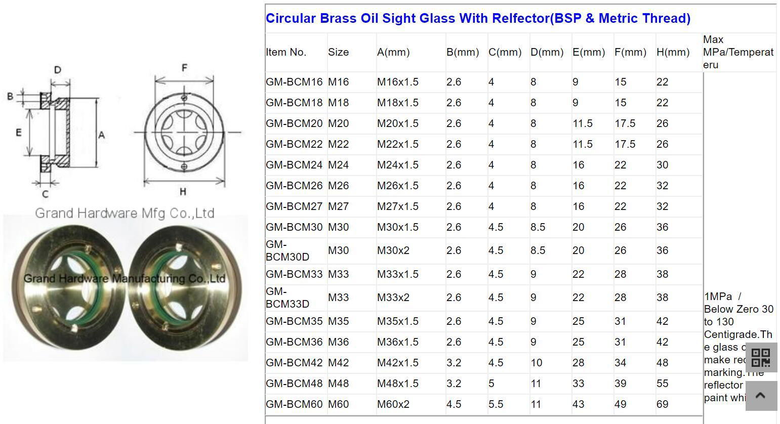 GrandMfg® G1" and M33 hexagon brass oil level sight glass BSP & Metric thread 4