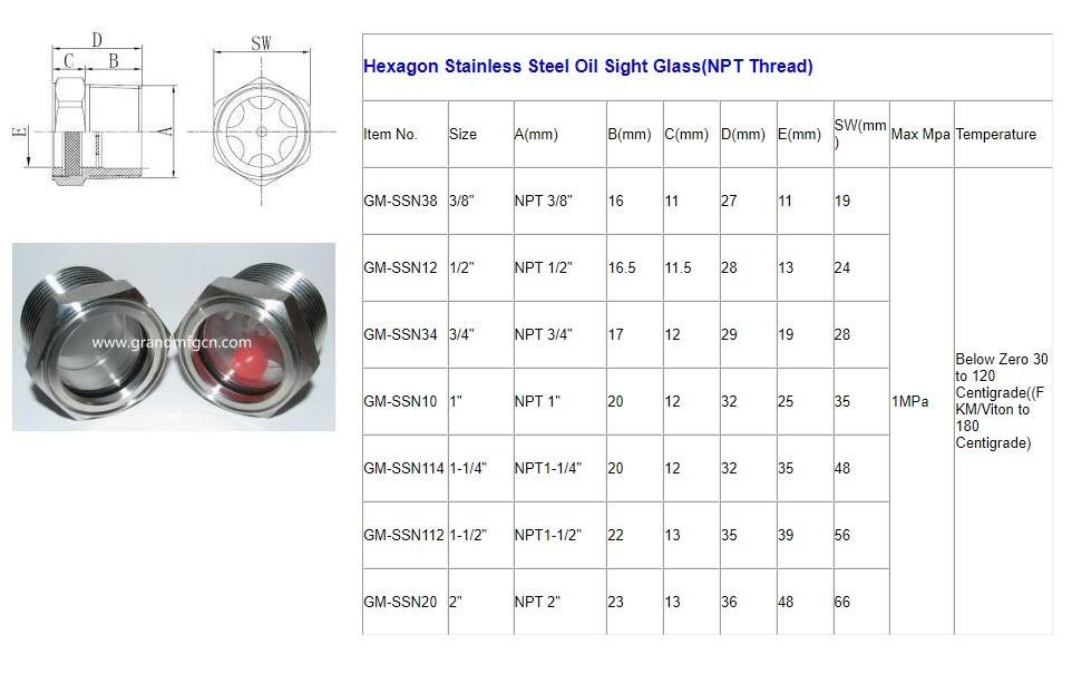 3/8NPT Thread 1/2 stainless steel 304 gas turbine oil level check sight glasses 3