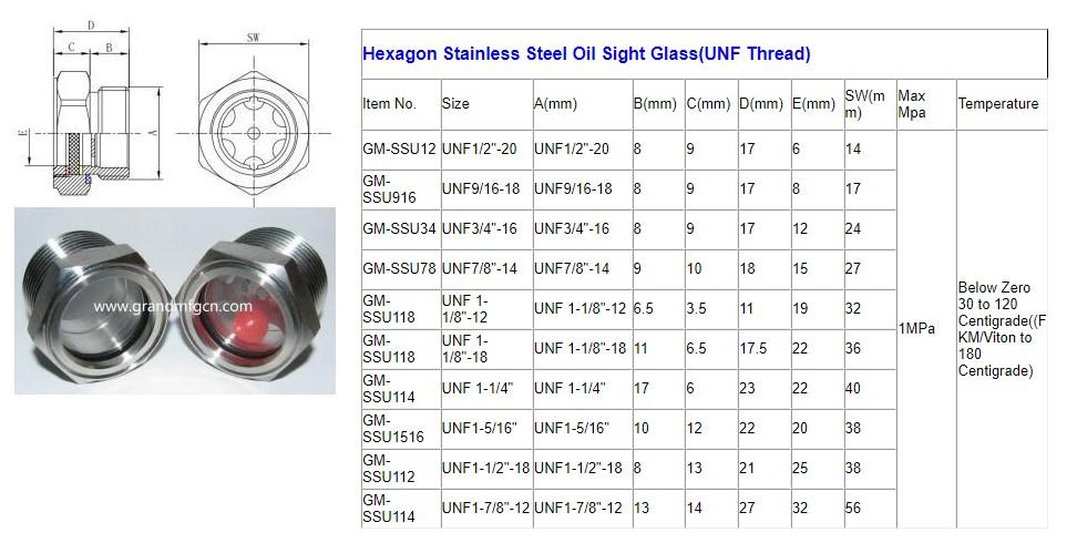 SAE Thread 1-7/8"-12UN-2A Stainless steel 304 oil liquid sight glass plug window 5