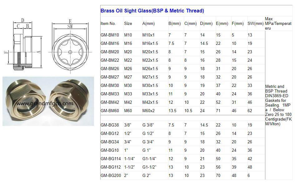 GrandMfg® G1" and M33 hexagon brass oil level sight glass BSP & Metric thread 5
