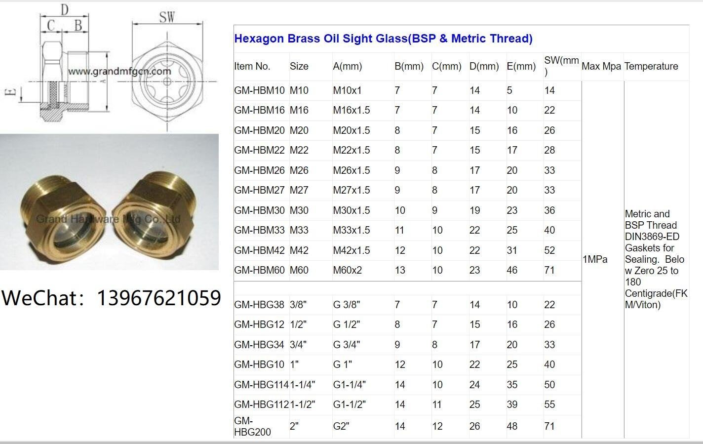 GrandMfg® G1" and M33 hexagon brass oil level sight glass BSP & Metric thread 3
