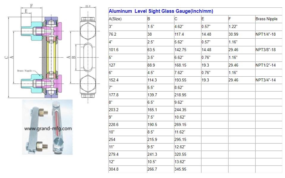 ALUMINUM OIL SIGHT GAUGE SIZE DETAILS