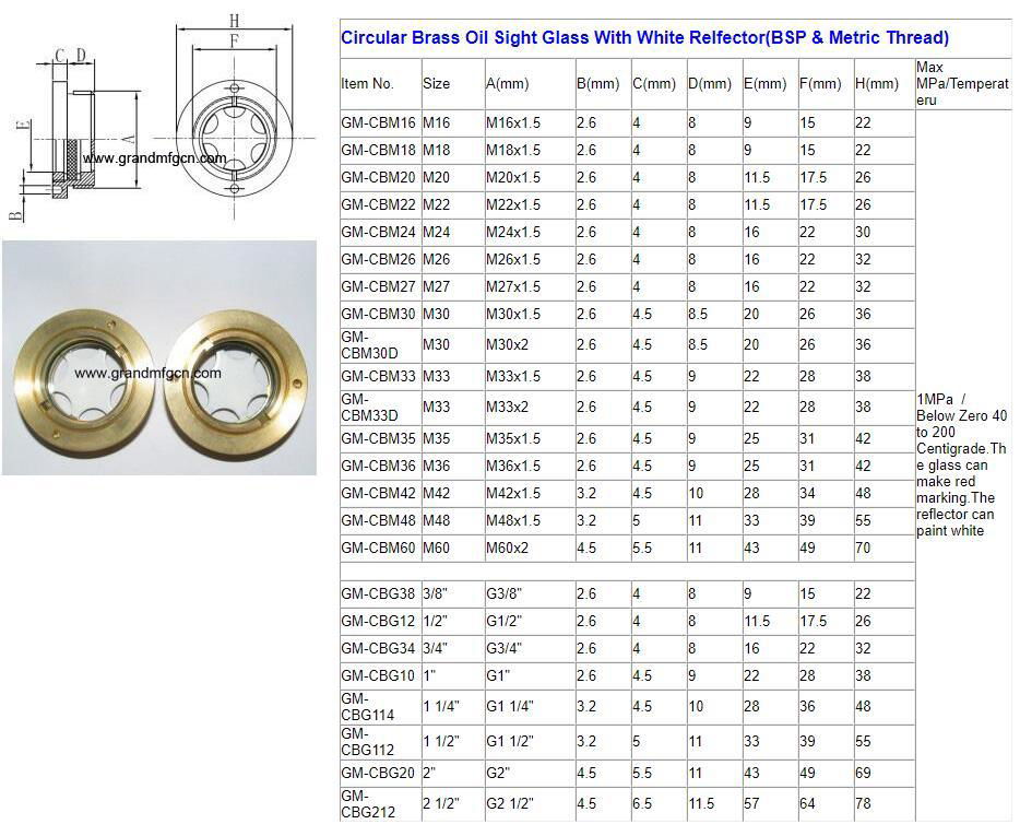 M26x1.5 GrandMfg®螺纹黄铜油窗油标视油镜可定制 3