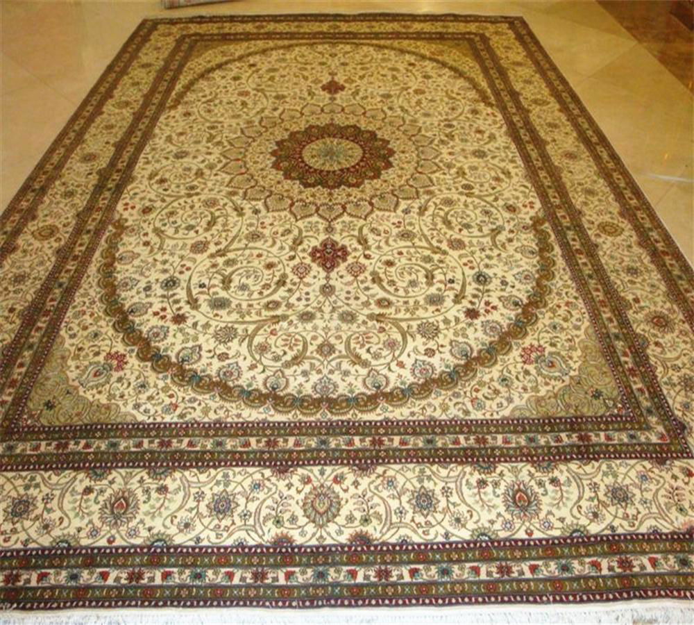 9x12ftbeige color handmade silk persian carpet for sitting room