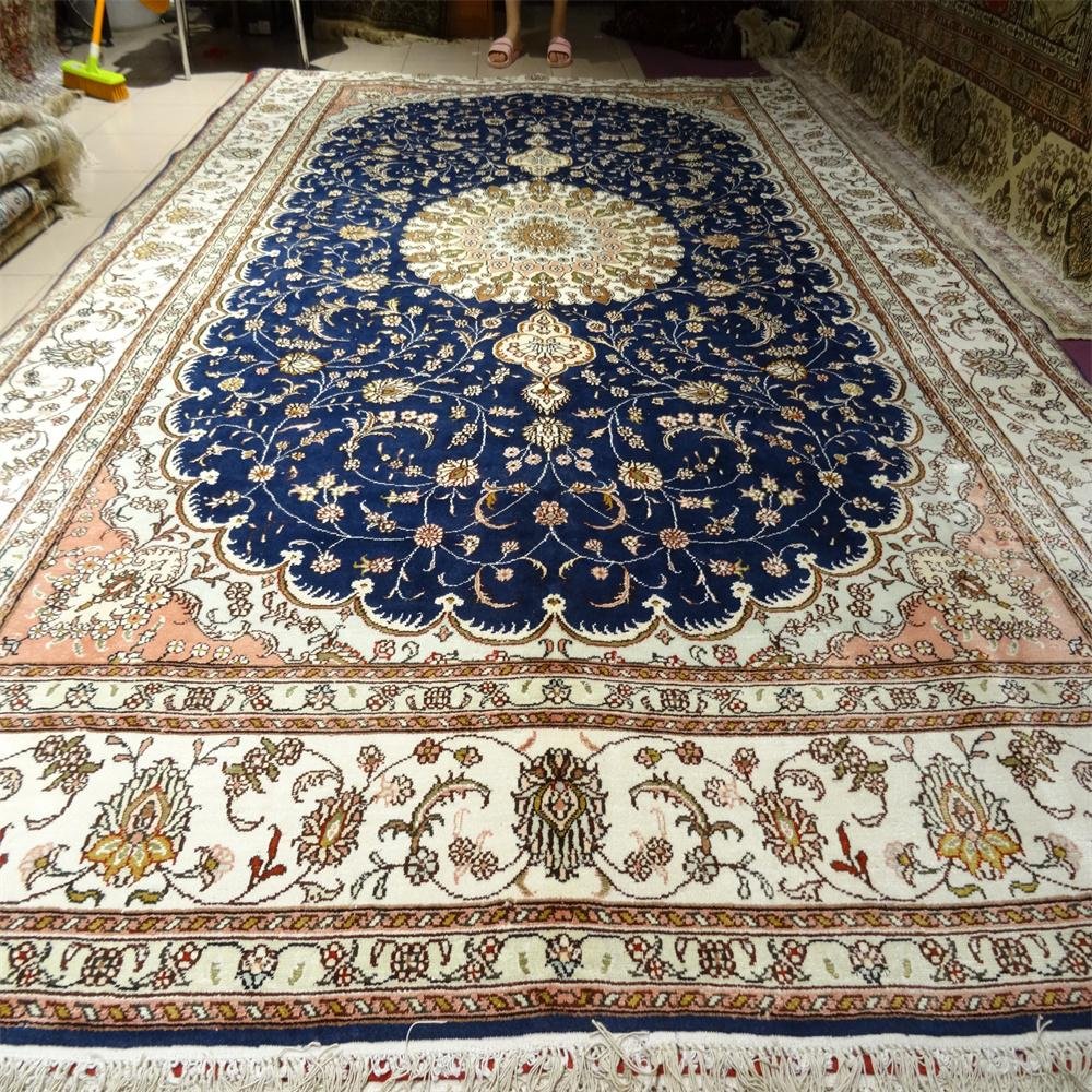 10x14ft dark blue handmade silk persian style carpet for sitting room