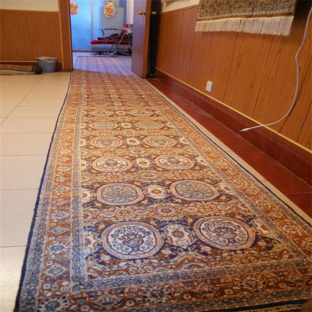  蓝色手工编织真丝走廊2.5x25ft地毯 3