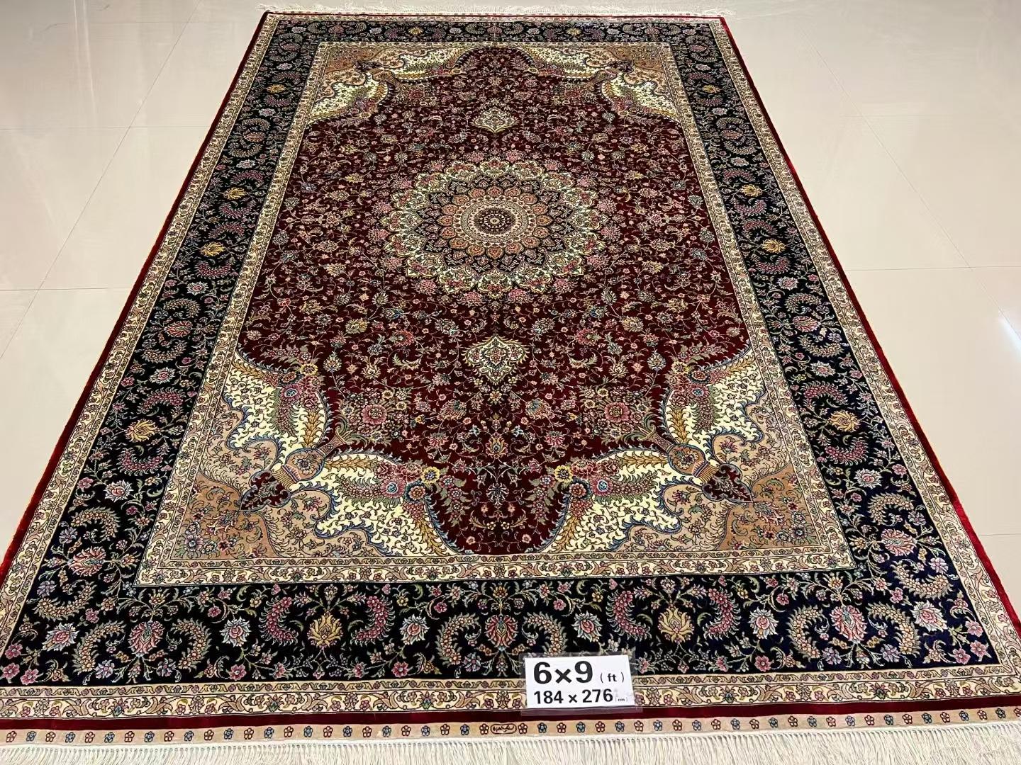 6x9ft 紅色手工編織真絲波斯風格婚慶客廳臥室地毯