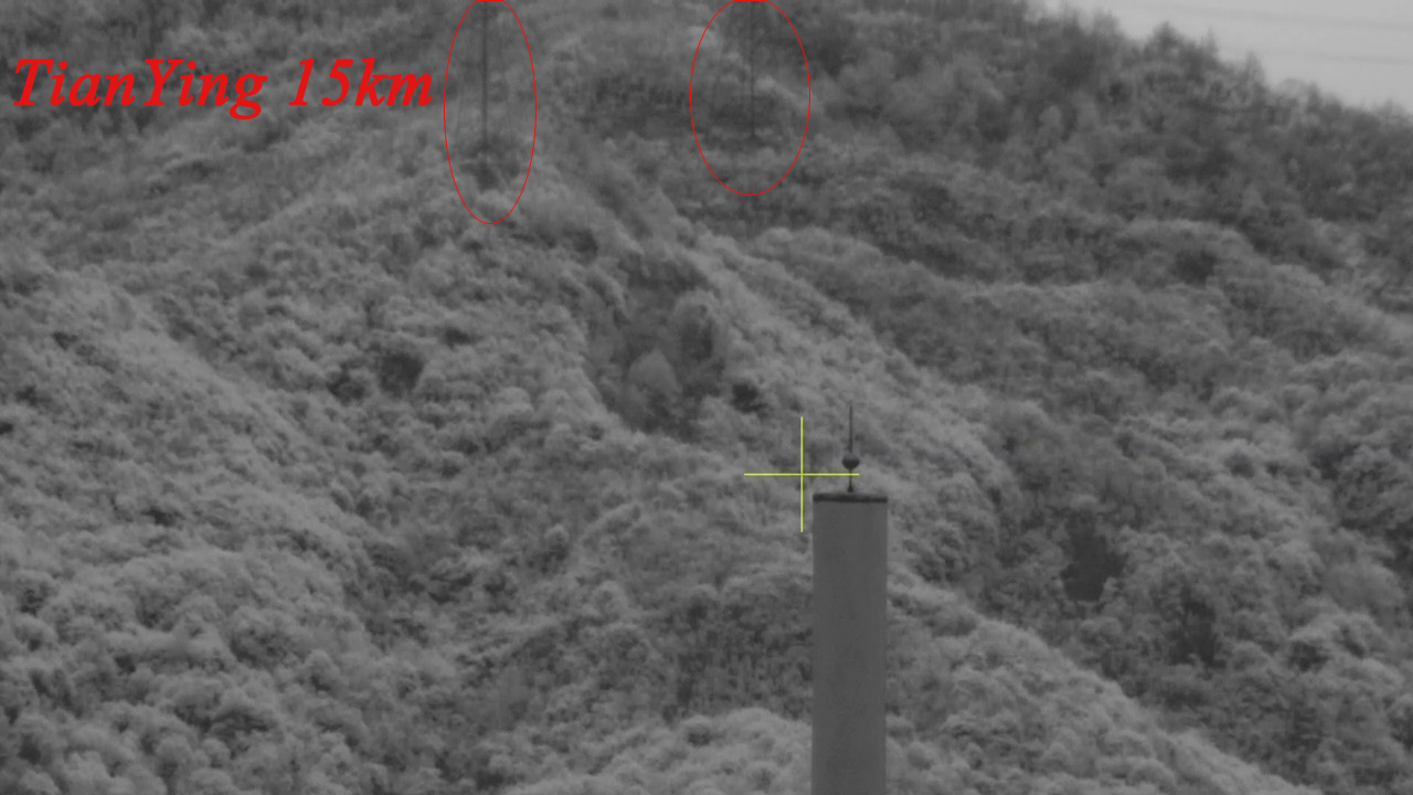 AI surveillance PTZ 5km 500mm CCTV 100mm thermal camera  see 15km high-tension tower on mountain with defog