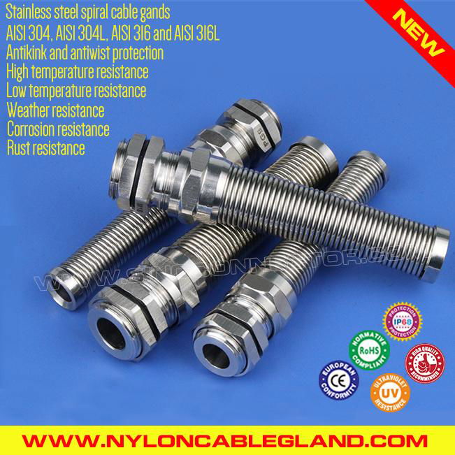 Spiral Stainless Steel 304, 316 Cable Glands IP68 with Kink & Twist Protector 