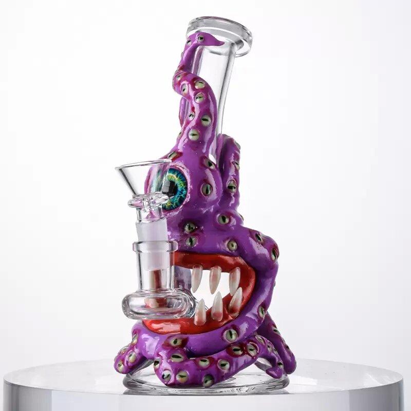 3D邪惡怪物臉設計玻璃Bong手工製作的角色煙水管Bong 萬聖節風格 3