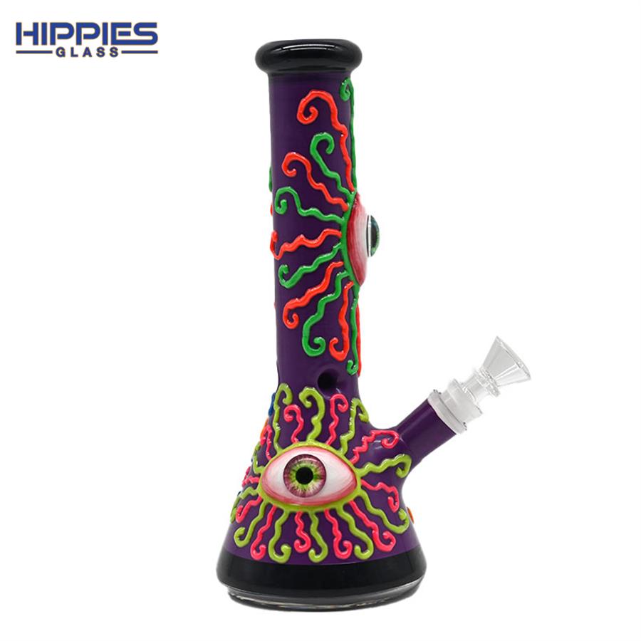 Glass Water Pipe Glow In Dark,Evil Eye And Colorful Lines With Glow In Dark 4