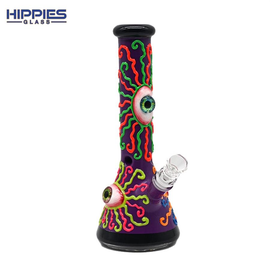 Glass Water Pipe Glow In Dark,Evil Eye And Colorful Lines With Glow In Dark 5