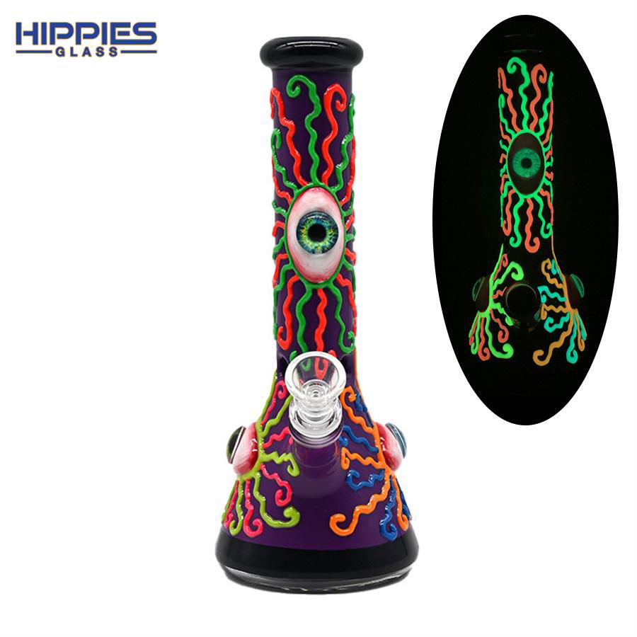 Glass Water Pipe Glow In Dark,Evil Eye And Colorful Lines With Glow In Dark