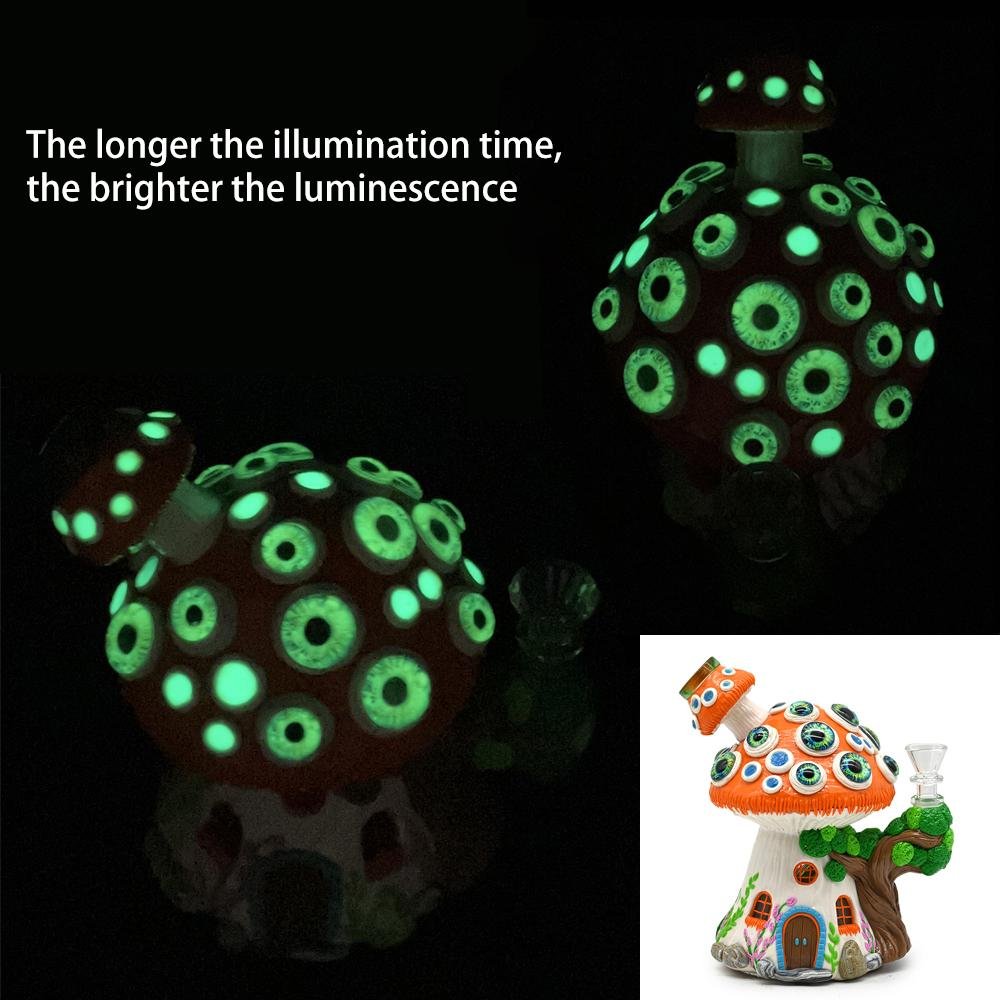 Glass Bong With Cute Mushrooms House,Glow In Dark,Evil Eyes 3