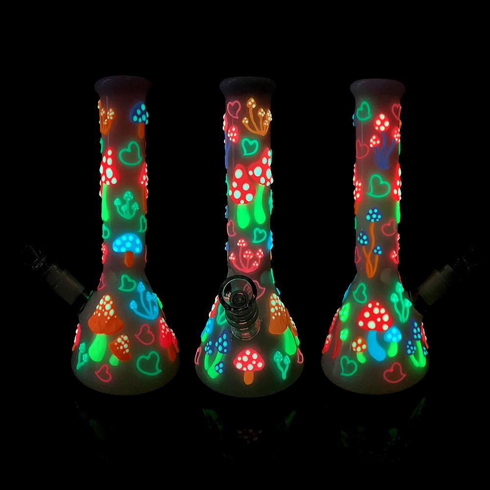 手繪蘑菇玻璃水煙管 玻璃水煙壺 帶夜光高硼硅玻璃筒 5