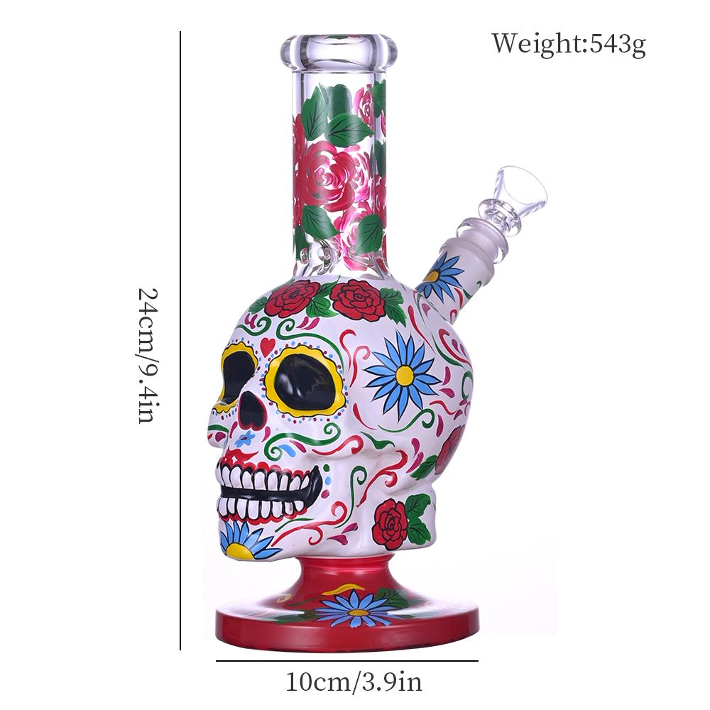 HippiesGlass,Hand Drawn Terror Skeleton Glass Beaker Bong,Cute Flower Pipe 3