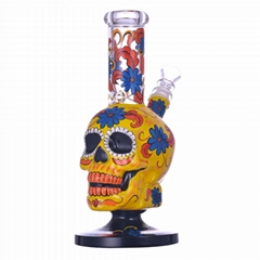 Hand Drawn Yellow Skeleton Glass Beaker Bong,Cute Flower Bong,Glass Pipe