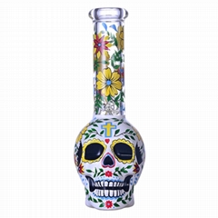 Hand Drawn Human Skeleton & Flower Glass Beaker Bong,Cute Halloween Pipe