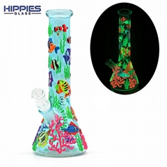 手工绘制带夜光海底世界水烟管，高硼硅玻璃水烟壶