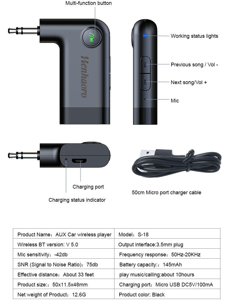 Aux bluetooth adapter 5.0 with MIC handsfree calls Wireless 2